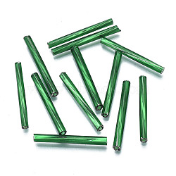 Electroplate Opaque Glass Twisted Bugle Beads, Round Hole, Green Plated, 25~26x2.5mm, Hole: 1mm, about 1500pcs/bag(SEED-T005-15-B04)