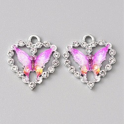 Platinum Alloy Rhinestone Pendants, with Resin, Heart with Butterfly Charms, Deep Pink, 22x20x4~4.5mm, Hole: 2.5mm(FIND-TAC0008-69P-03)