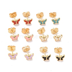 Enamel Butterfly Stud Earrings with 316L Surgical Stainless Steel Pins, Gold Plated 304 Stainless Steel Jewelry for Women, Mixed Color, 7.5x5.5mm, Pin: 0.7mm(EJEW-P204-04G)