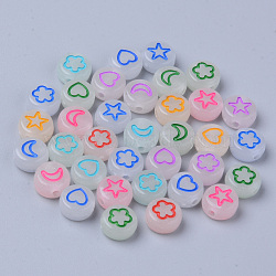 Luminous Acrylic Beads, Glow in the Dark, Flat Round with Star & Flower & Heart & Moon, Mixed Color, 7x3.5mm, Hole: 1.5mm, about 3600pcs/500g(MACR-S273-48)