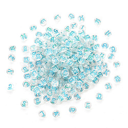 Transparent Clear Acrylic Beads, Horizontal Hole, Flat Round with Random Letter, Sky Blue, 7x4mm, Hole: 1.6mm, 200pcs/set(MACR-YW0001-23F)