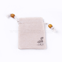 Burlap Packing Pouches, Drawstring Bags, with Wood Beads, Antique White, 10~10.1x8.2~8.3cm(ABAG-L006-A-03)