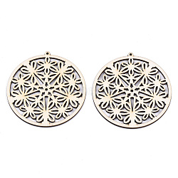 Undyed Natural Wooden Big Pendants, Laser Cut Shapes, Flower with Ring, Antique White, 71x68x2mm, Hole: 1.8mm(WOOD-N007-031)