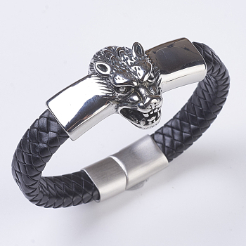 Men's Braided Leather Cord Bracelets, with 304 Stainless Steel Findings and Matte Magnetic Clasps, Wolf Head, Black, 8-1/4 inch~8-5/8 inch(210~220mm)