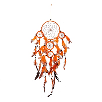 Handmade Round Polyester Woven Net/Web with Feather Wall Hanging Decoration, with Iron & Plastic Rings, Flocking Cloth & ABS Beads, for Home Offices Amulet Ornament, Dark Orange, 690mm
