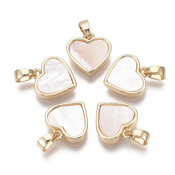 Brass Charms, with Freshwater Shell, Nickel Free, Real 18k Gold Plated, Heart, Seashell Color, 12x11.5x3mm, Hole: 2x4mm