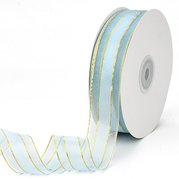 Solid Color Organza Ribbons, Golden Wired Edge Ribbon, for Party Decoration, Gift Packing, Aqua, 1"(25mm), about 50yard/roll(45.72m/roll)