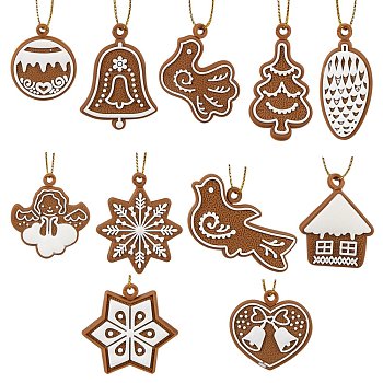Christmas Theme Plastic Pendant Decorations, with Rope, Mixed Shapes, Coconut Brown, 28~51x23~44x3.5~4mm, Hole: 3mm, 22pcs/box
