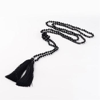 Adjustable Glass Beaded Lariat Necklaces, with Tassels, Black, 59 inch