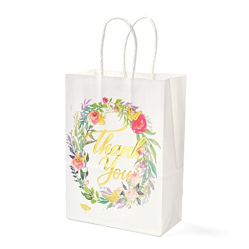 Gold Stamping Rectangle Paper Bags, with Handle, for Gift Bags and Shopping Bags, Word Thank you, Floral Pattern, 14.9x8.1x21cm