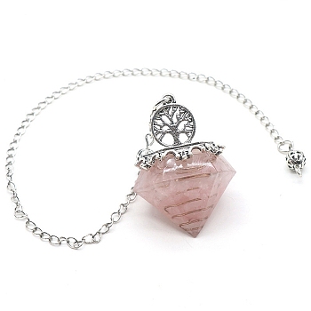 Natural Rose Quartz Chip & Resin Dowsing Pendulum Big Pendants, with Platinum Plated Metal Tree of Life, Diamond Charm, 290mm