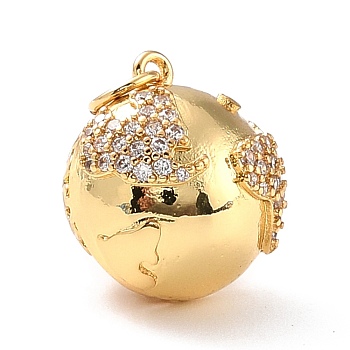 Brass Micro Pave Cubic Zirconia Pendants, 3D Globe Ball Pendants, with Jump Ring, Earth, Golden, 16x14.5x14mm, Hole: 3.5mm, Jump Ring: 5x1mm