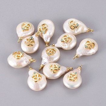 Natural Cultured Freshwater Pearl Pendants, with Brass Micro Pave Cubic Zirconia Cabochons, Long-Lasting Plated, Nuggets with Om Symbol, Real 18K Gold Plated, Deep Sky Blue, 17~21x12~13x7~8mm, Hole: 1.4mm