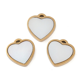 Ion Plating(IP) 304 Stainless Steel Charms, with Pave Shell, Heart Charm, Real 18K Gold Plated, 10x10x1.5mm, Hole: 1mm