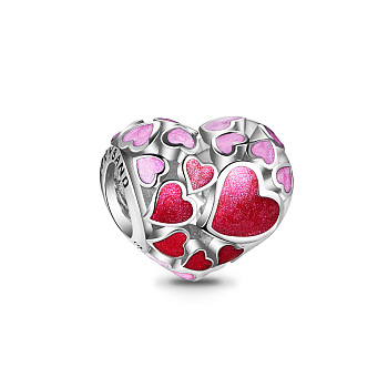 TINYSAND 925 Sterling Silver European Bead, with Enamel, Large Hole Beads, Heart, Silver, 11.85x9.06x10.72mm, Hole: 4.6mm