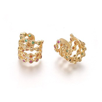 Cubic Zirconia Cuff Earrings, with Brass Findings, Colorful, Real 18K Gold Plated, 10~15mm