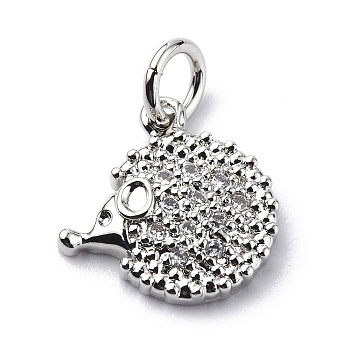 Brass Micro Pave Cubic Zirconia Charms, with Jump Ring, Hedgehog Charms, Platinum, 12x11.5x2.4mm, Hole: 3.2mm