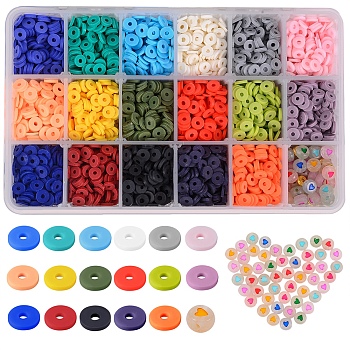 173.4g 17 Colors Handmade Polymer Clay Beads, Heishi Beads, with 30Pcs Brass Flat Round Spacer Beads, 30Pcs Brass Round Beads, 50Pcs Flat Round with Heart Acrylic Beads, Mixed Color, Polymer Clay Beads: 6x1mm, Hole: 2mm, about 239pcs/10.2g, about 10.2g/color