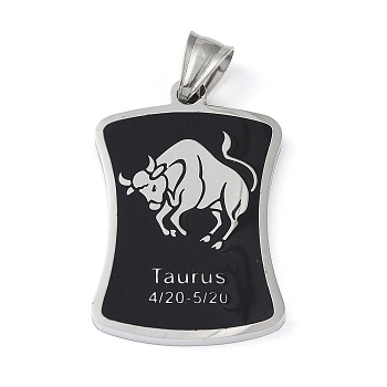 304 Stainless Steel Pendants, with Enamel, Stainless Steel Color, Rectangle with Constellation, Taurus, 39x26x3mm, Hole: 7x3mm