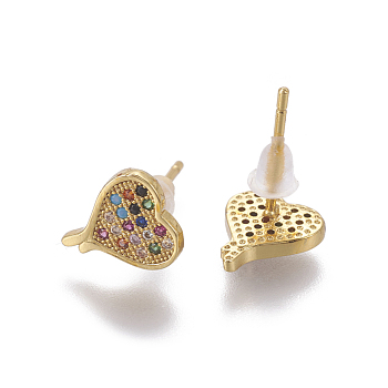 Brass Cubic Zirconia Stud Earrings, Heart, Colorful, Golden, 10x8x1.5mm, Pim: 0.8mm