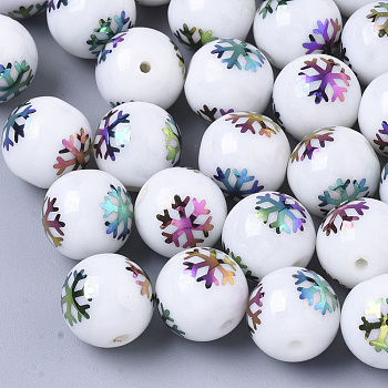Christmas Opaque Glass Beads, Round with Electroplate Snowflake Pattern, Multi-color Plated, 10mm, Hole: 1.2mm