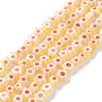Handmade Millefiori Glass Bead Strands, Flower, Champagne Yellow, 3.7~5.6x2.6mm, Hole: 1mm, about 88~110pcs/Strand, 15.75''(40cm)