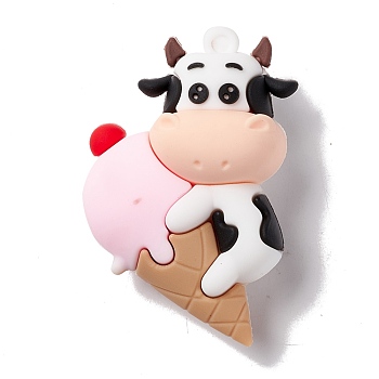 PVC Plastic Cartoon Big Pendants, Cow with Ice Cream, White, 52x35x20.5mm, Hole: 3mm