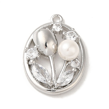 Brass Micro Pave Cubic Zirconia Pendants, with Shell Pearl, Oval with Flower, Platinum, 19x13.5x6mm, Hole: 1.2mm