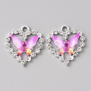 Platinum Alloy Rhinestone Pendants, with Resin, Heart with Butterfly Charms, Deep Pink, 22x20x4~4.5mm, Hole: 2.5mm
