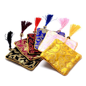 Rectangle Silk Pouches, with Coin Beads & Tassel Decorations, Mixed Color, 12x12x0.4cm