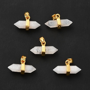 Natural Moonstone Double Terminal Pointed Pendants, Faceted Bullet Charm, with Ion Plating(IP) Golden Plated Brass Findings, 9x15~17x7.5mm, Hole: 3.5x2.5mm