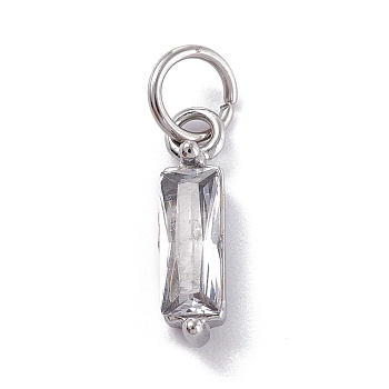 304 Stainless Steel Cubic Zirconia Pendants, Rectangle, Clear, 17x4x4mm, Hole: 5mm