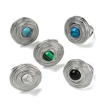 304 Stainless Steel Open Cuff Rings, Synthetic Malachite & Turquoise Round Finger Rings for Women Men, Stainless Steel Color, Adjustable