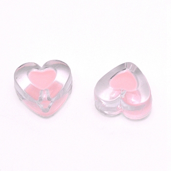 Transparent Clear Enamel Acrylic Beads, Heart, Pink, 15x17x11mm, Hole: 2mm