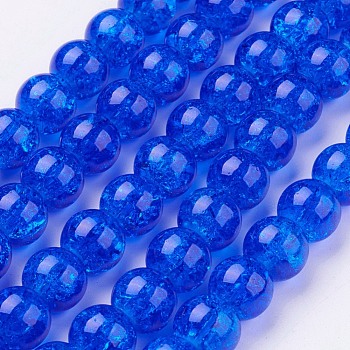 Spray Painted Crackle Glass Beads Strands, Round, Blue, 10mm, Hole: 1.3~1.6mm, about 80pcs/strand, 31.4 inch