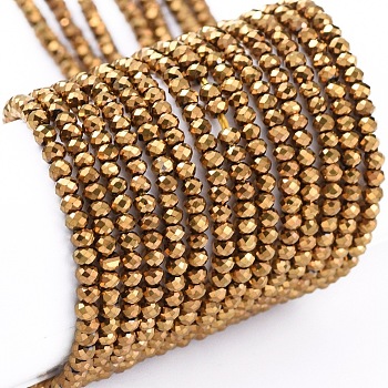 Electroplate Glass Beads Strands, Full Plated, Faceted, Rondelle, Golden Plated, 2x1.5mm, Hole: 0.6mm, about 220~230pcs/Strand, 13.78~14.17 inch(35~36cm)