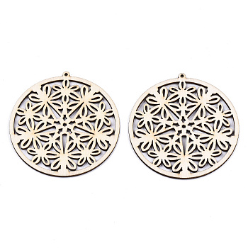 Undyed Natural Wooden Big Pendants, Laser Cut Shapes, Flower with Ring, Antique White, 71x68x2mm, Hole: 1.8mm