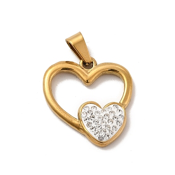 Vacuum Plating 201 Stainless Steel Pendants, Polymer Clay Rhinestone Heart Charms, Golden, 22x21x3mm, Hole: 7x3.5mm