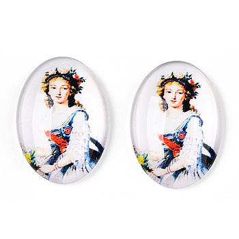Glass Cabochons, with European Style Pattern, Oval, Snow, 25x18x6mm