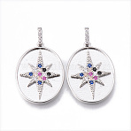 Brass Micro Pave Cubic Colorful Zirconia Pendants, Nickel Free, Oval with Star, Platinum, 24x18x2mm, Hole: 2x5mm(KK-N232-170P-NF)