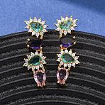 Brass Micro Pave Colorful Cubic Zirconia Stud Earrings for Women, Teardrop, Real 18K Gold Plated, 29.5x10mm(EJEW-F418-10G)
