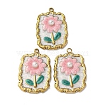 304 Stainless Steel Enamel Pendants, with ABS Plastic Imitation Pearl Beads, Ion Plating(IP), Flower, Golden, Rectangle, 26x18.5x4.5mm, Hole: 1.6mm(STAS-P406-26B-G)