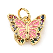 Rack Plating Brass Micro Pave Cubic Zirconia with Enamel Charms, with Jump Rings Long-Lasting Plated, Lead Free & Cadmium Free, Butterfly, Pink, 11x13x2.8mm, Hole: 3mm(KK-Q814-23G-02)