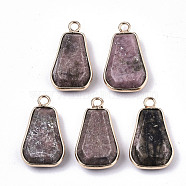 Natural Rhodonite Pendants, with Light Gold Plate Brass Edge and Loop, Trapezoid, Faceted, 25x14x6mm, Hole: 2mm(G-N326-43A)