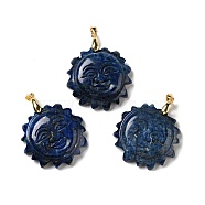 Natural Lapis Lazuli Pendants, with Golden Tone Brass Findings, Lead Free & Cadmium Free, Sun with Smiling Face, Dyed, 42x34~35x10.5mm, Hole: 3.8x5mm(G-E043-01B-04G)