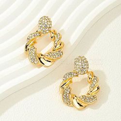 Alloy Crystal Rhinestone Dangle Stud Earrings, Twist Ring, Golden, 40x30mm(FS-WG563E4-01)