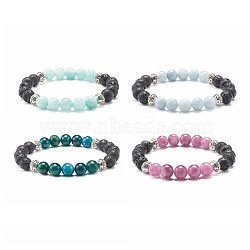 Natural Chalcedony & Natural Lava Rock Round Beads Stretch Bracelet for Her, Inner Diameter: 2 inch(5.1cm)(BJEW-JB06920)