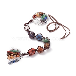 Chakra Natural Mixed Gemstone Woven Pendant Decorations, with Brass Linking Rings & Faux Suede Cord, Tree of Life, 585mm(HJEW-JM00659)