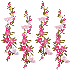 4Pcs Polyester Embroidered Sew on/Iron on Collar Decoration, with Hot Melt Adhesive Back, Neckline Trim Clothes Sewing Applique Edge, Flower & Butterfly, Deep Pink, 268x76x1.5mm(DIY-GF0006-08B)