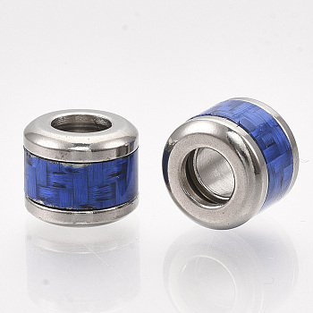 304 Stainless Steel European Beads, with Fiber, Large Hole Beads, Column with Basket Weave Pattern, Stainless Steel Color, Blue, 10x8mm, Hole: 5mm